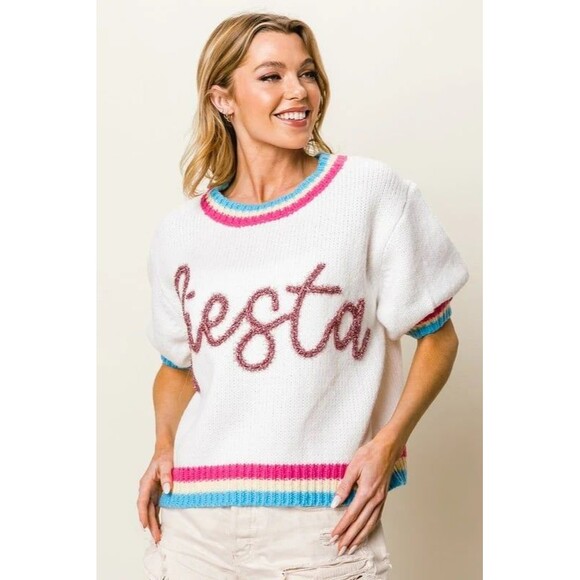 BIBI FIESTA METALLIC LETTER SHORT PUFF SLEEVE SWEATER - Picture 2 of 8